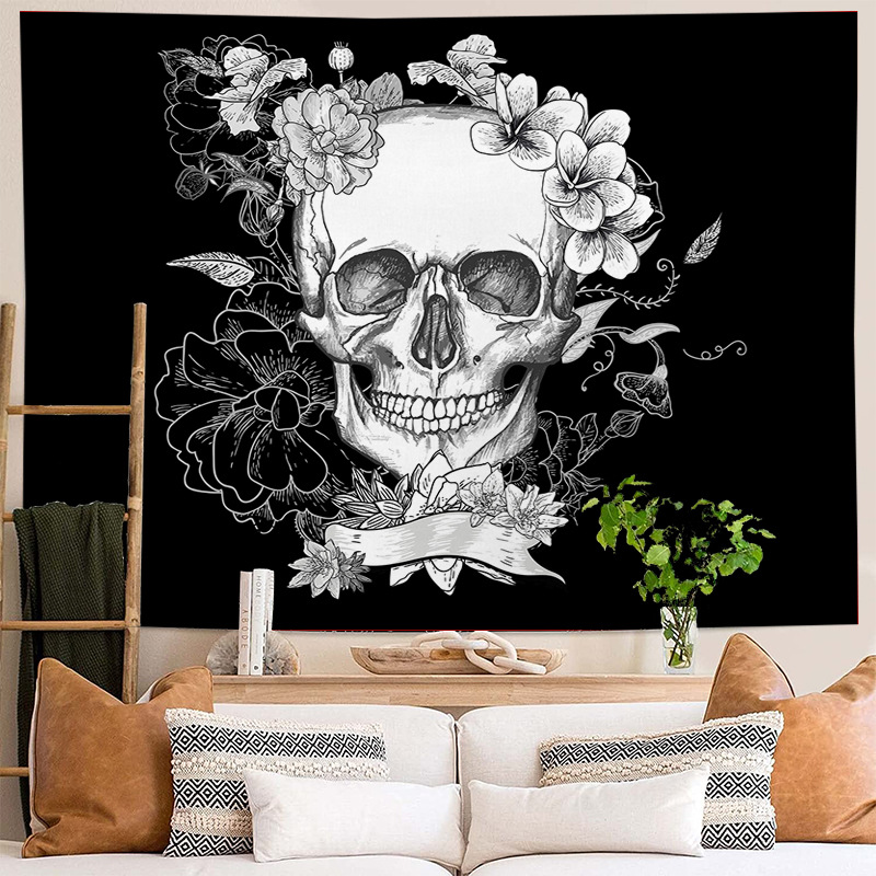 Schwarz-weißer Hintergrundstoff, Wandteppich für Zuhause, Live-Übertragung, Hintergrunddekoration, Totenkopfkopf – G_voghion.com