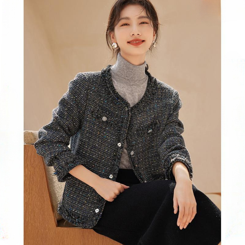 Fashion Chanel Style Short Coat Women's 2024 Autumn New High-end Sense Exquisite Wool Edge Slim Grey Top