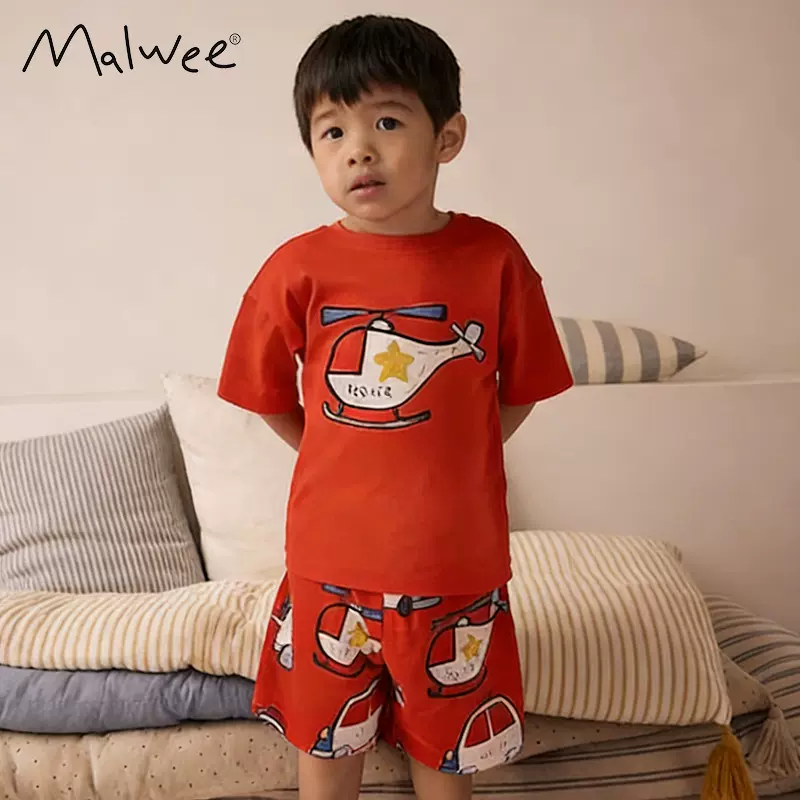 跨境malwee男童两件套夏装新款家居服欧美中小童圆领T恤儿童套装