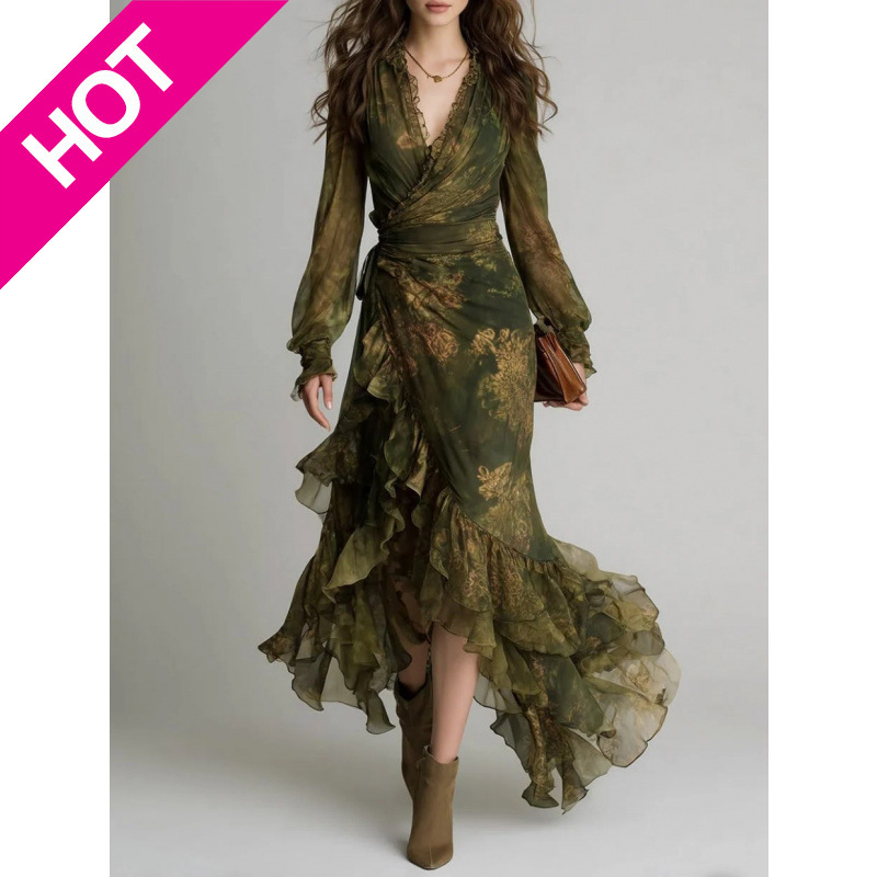 2026 Vintage Dark Green Gradient Print V-Neck Wrap Dress Long Sleeve Ruffle Irregular Fairy Dress 2026 Vintage Dark Green Gradient Print V-Neck Wrap Dress Long Sleeve Ruffle Irregular Fairy Dress