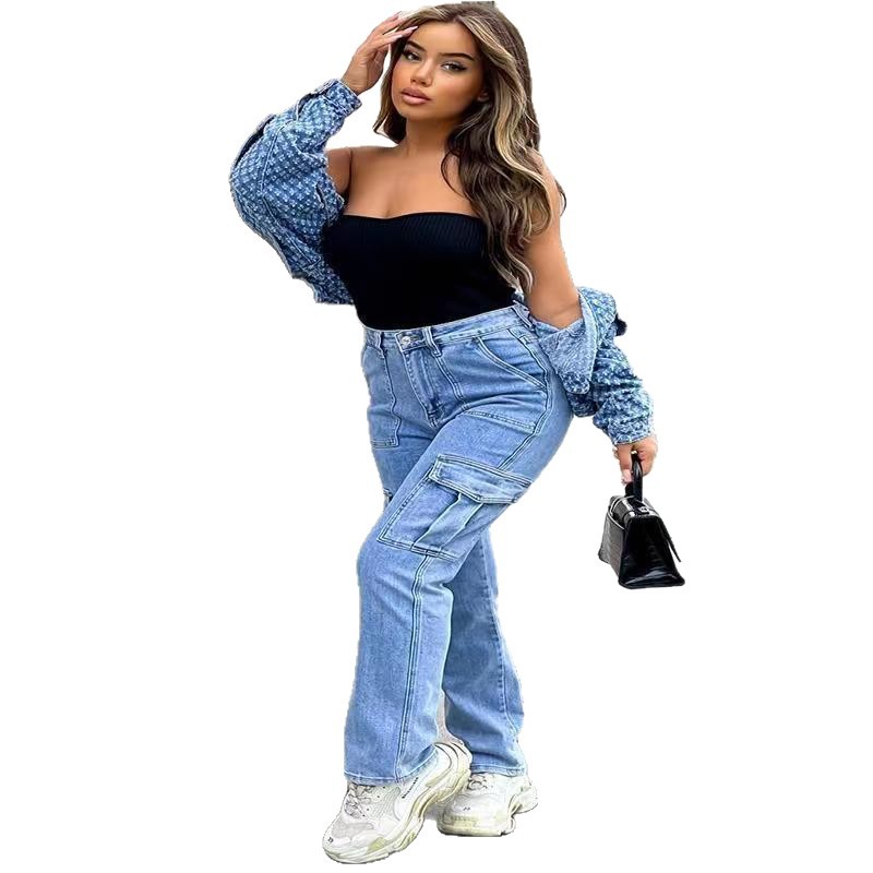 Pantalones vaqueros de trabajo de talle alto para mujer, con múltiples bolsillos y pierna recta, ideales para ocasiones informales y laborales._voghion.com