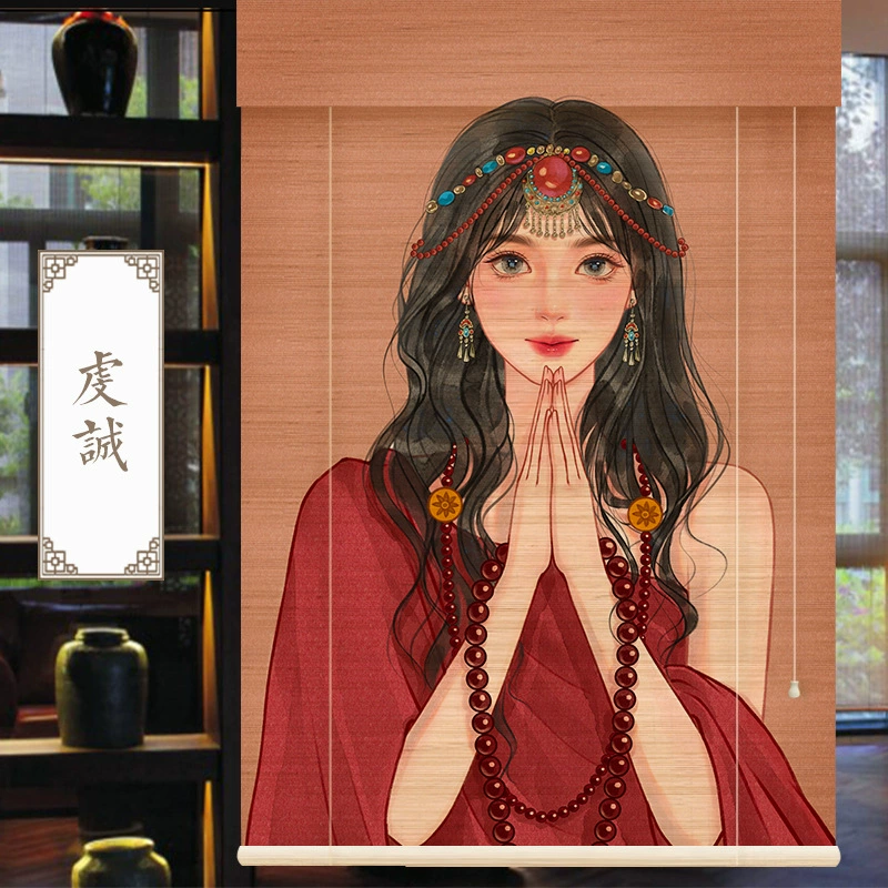 Новые китайские бамбуковые занавески, рулонные занавески, чайная комната, фоновая печать, декоративная отделка