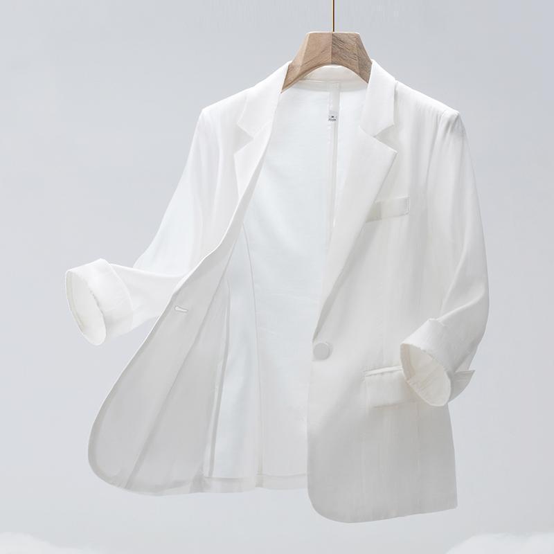 White Tulle Suit Jacket for Small Women in Summer Thin Tencel Sun Protection Clothing High-End Three-Quarter Sleeve Small Suit