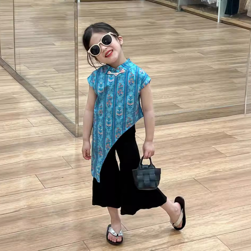 New Chinese Style Children's Summer Dress 2024 with Irregular Blue Base Vertical Striped Cheongsam Skirt + Black Bell-bottom Dress