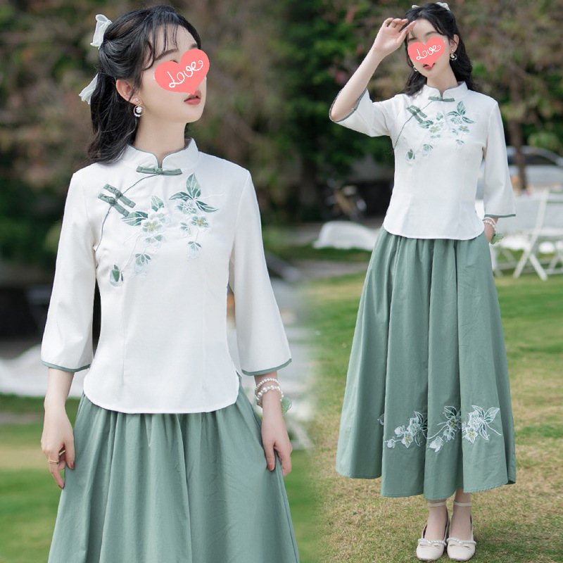 Republic of China Style Hanfu Suit 2023 Summer New Cotton and Linen Embroidery Improved Republic of China Style Hanfu Tea Clothing Art Suit