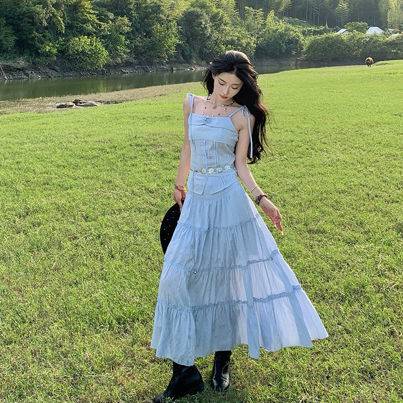 Xinjiang Western Sichuan Grassland Travel Wear 2025 Summer New dress Blue Strapless Skirt suit Slim Dress