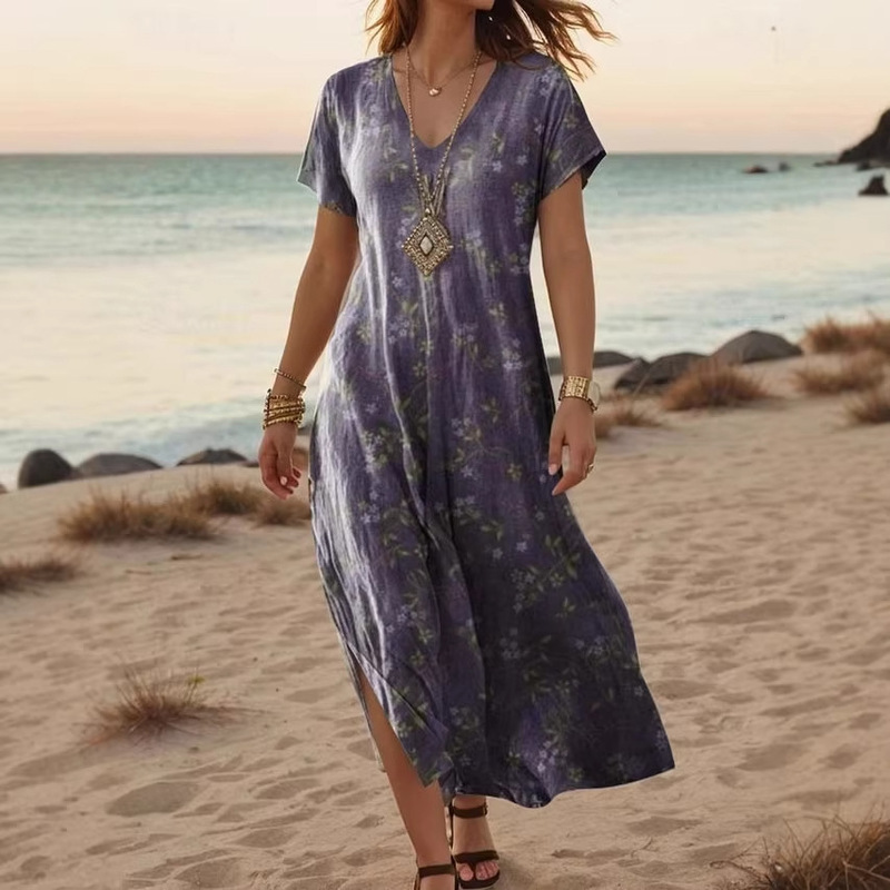 Summer Maxi Dress Casual V Neck Long Sleeve Bohemian Peacock Print Floral Long Dress