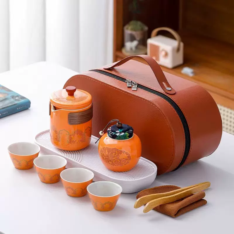 大量批发古韵旅行茶具套装一壶四杯配陶瓷茶叶罐茶盘春节礼品茶具