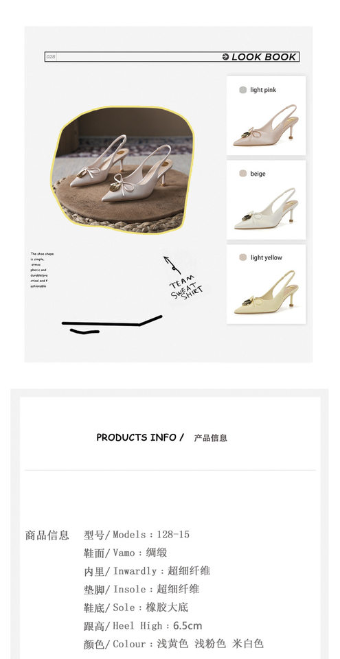 Sandal cao gót nữ mũi nhọn bít mũi đính nơ khóa kim loại, gót 6–8 cm — Màu hồng nhạt, Màu trắng ngà, Màu vàng nhạt chi tiết 4
