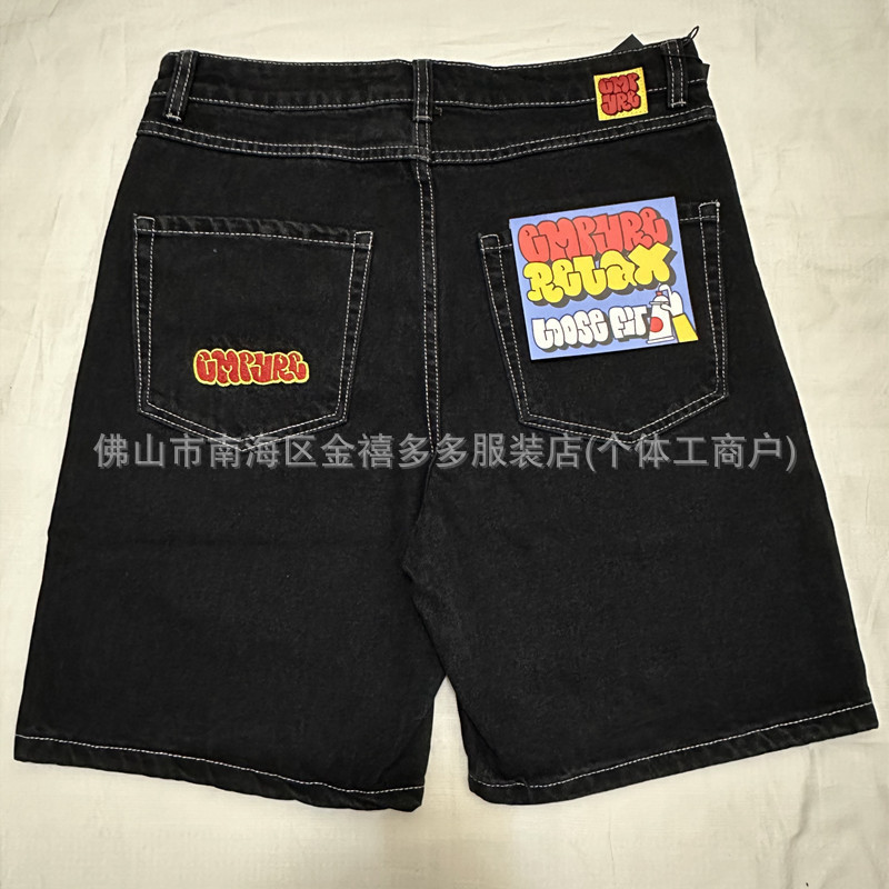 Foreign Trade Denim Skateboard Shorts Spring and Summer New Letter Embroidered Polar Black Big Boy Five-point Jeans for Men