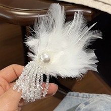 超仙珍珠羽毛水晶吊坠发夹古风高级感侧边刘海鸭嘴夹精致少女发卡