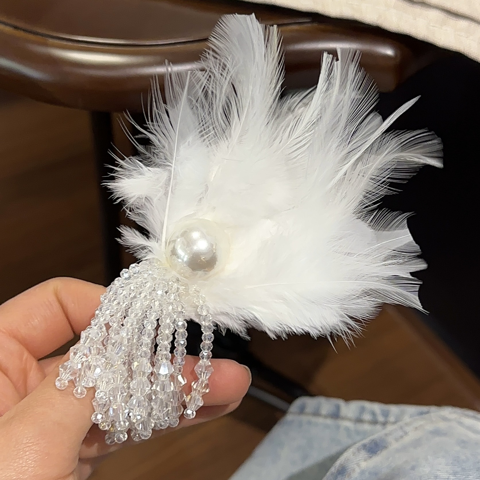 超仙珍珠羽毛水晶吊坠发夹古风高级感侧边刘海鸭嘴夹精致少女发卡