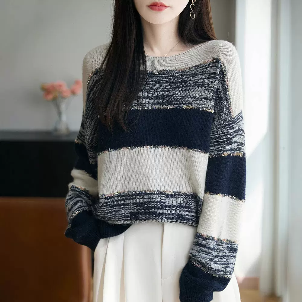 韩系慵懒风条纹拼色丝兔绒毛衣女秋季新款氛围感软糯羊毛针织衫潮