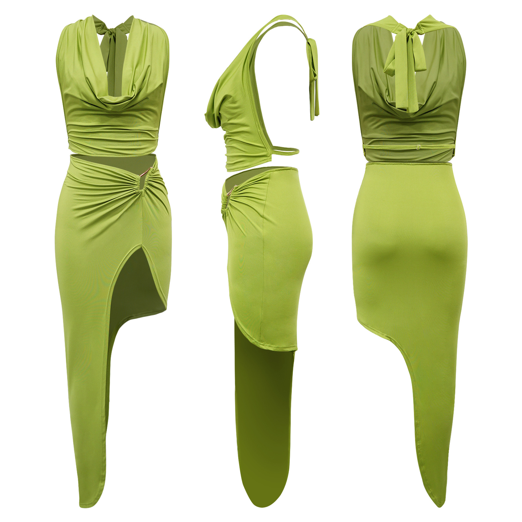 Women's Halter Neck Tuxedo Skirt Set Sexy High Slit Design_ecoleips.com