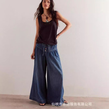 2024独立站新款褶皱中腰系带宽松阔腿牛仔裤女