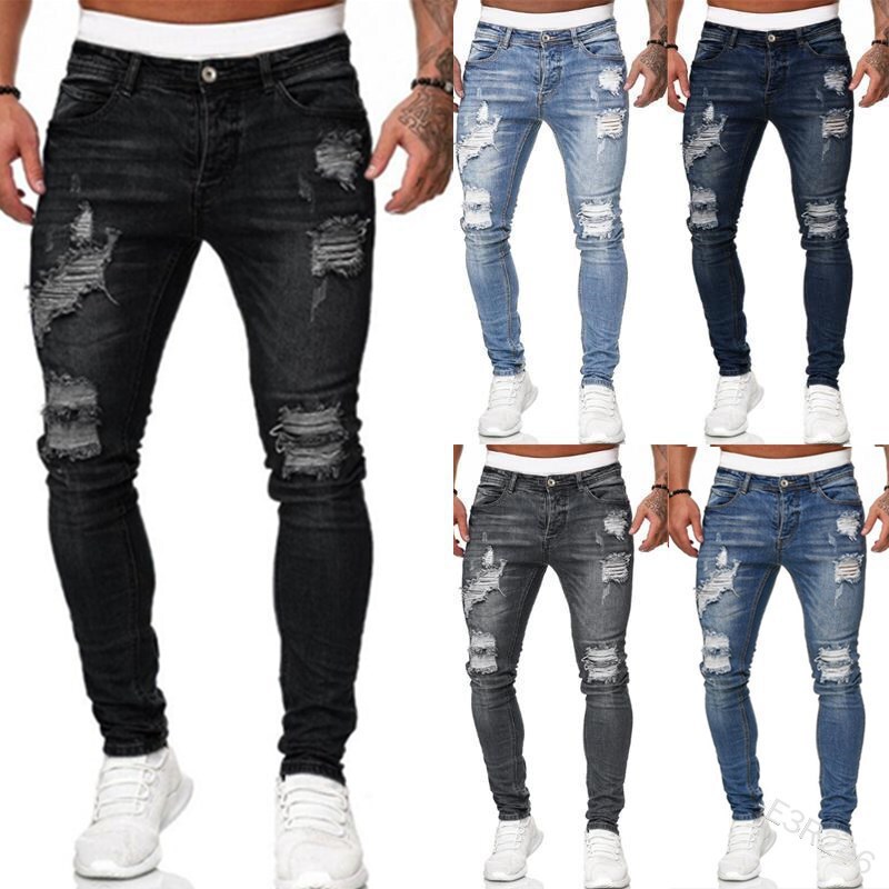 European and American Aliexpress New Jeans Cross-Border Export Ripped Slim Denim Pants for Men Nk357