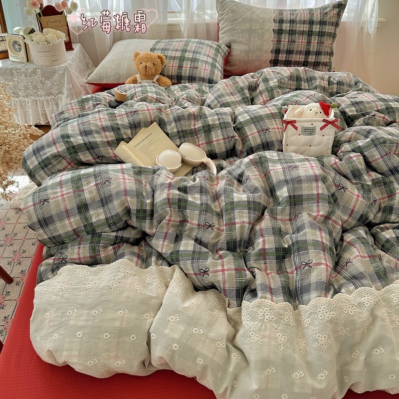 ins复古格子四件套蕾丝花边皱皱纱水洗棉被套宿舍床上三件套床单|undefined