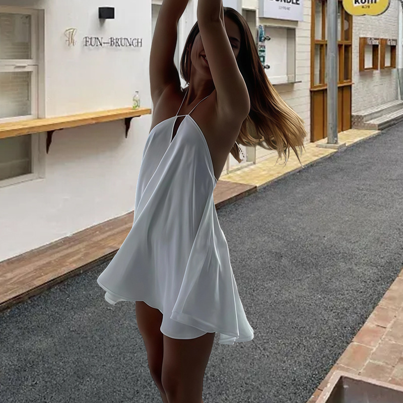 Women's Sexy Deep V Neck Backless Halter Neck Loose A-Line Dress European American Style 2025 Cross Strap Dress_ecoleips.com