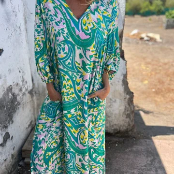 Европейская и американская трансграничная женская одежда Amazon AliExpress, весенне-летнее новое модное праздничное платье с v-образным вырезом и принтом