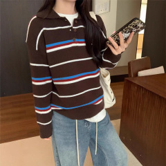韩系条纹撞色POLO领学院风针织套头衫秋冬新款时尚百搭减龄毛衣女