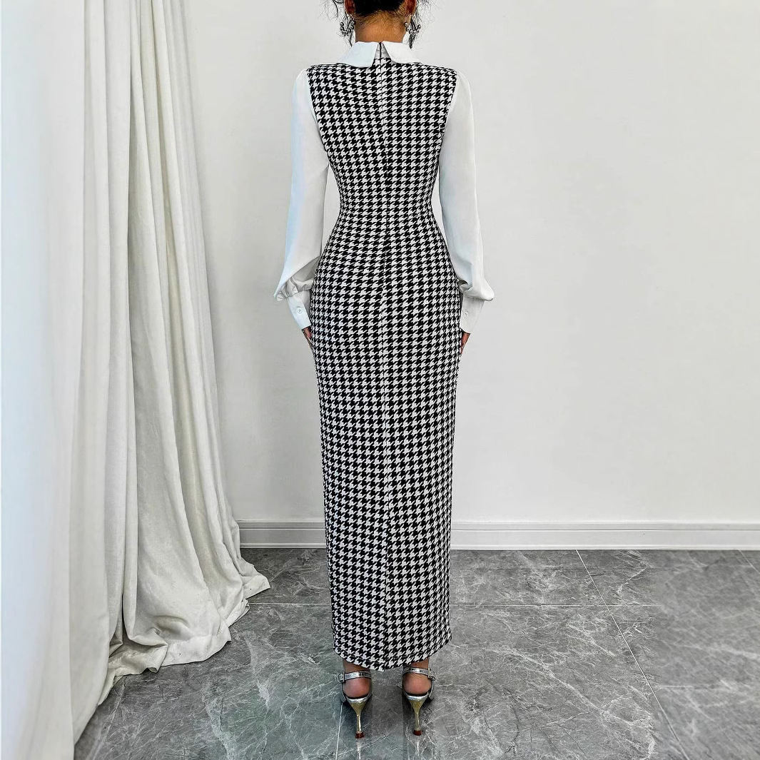 아마존 가을과 겨울 패션 우아한 슬림 퍼프 소매 긴 원피스 유럽과 미국의 국경 하운드 패턴 엉덩이 원피스