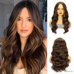アマゾンの新しい茶色のロングストレートヘアビッグウェーブロングカーリーヘア化学繊維フロントレースレディースウィッグヘッドギア小スポット