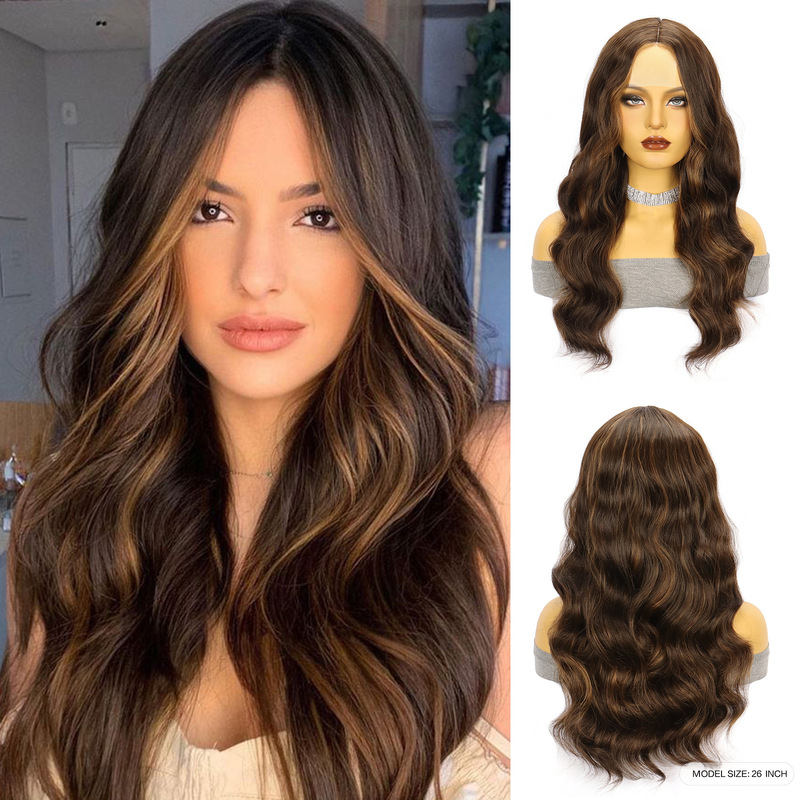 アマゾンの新しい茶色のロングストレートヘアビッグウェーブロングカーリーヘア化学繊維フロントレースレディースウィッグヘッドギア小スポット|undefined