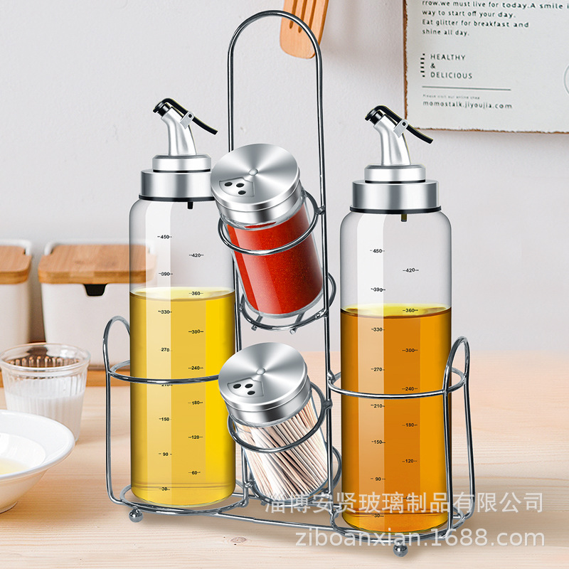Juego de recipientes para condimentos de cocina, incluyendo frascos de aceite, botellas de aceite, botes para aceite, frascos para vinagre, frascos para condimentos y recipientes para almacenamiento de aceite.