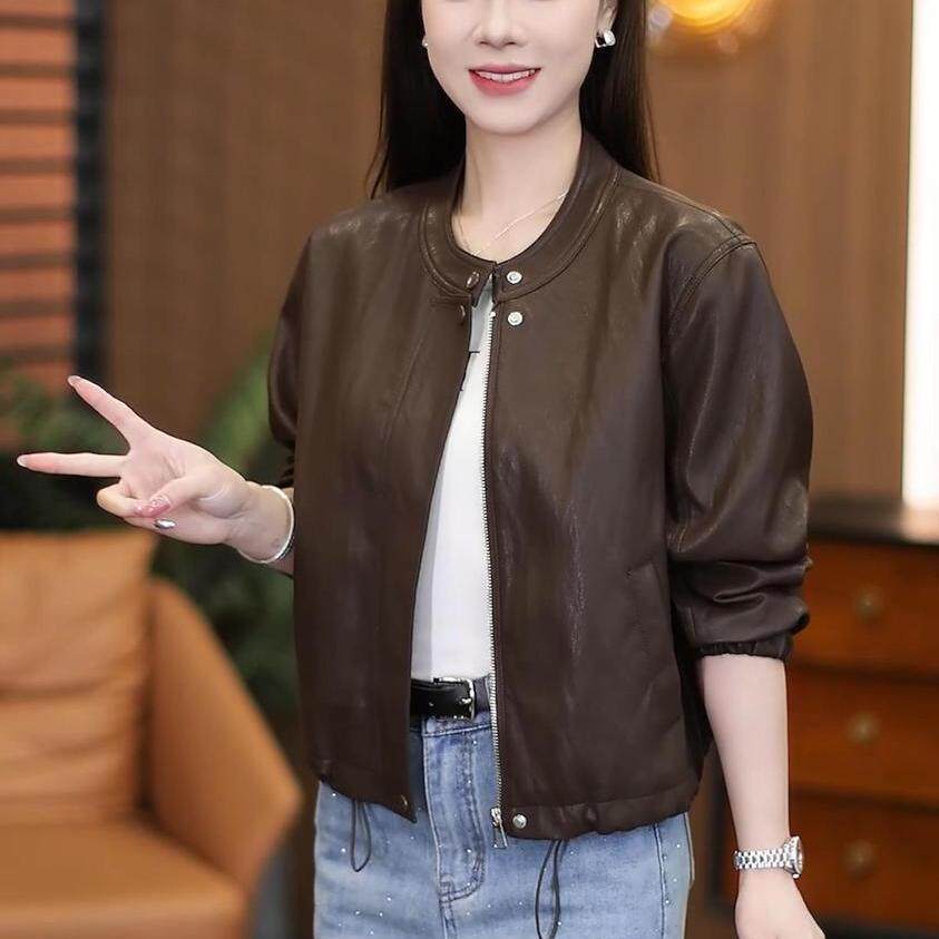 Áo khoác da ngắn cổ lông nữ dáng ôm, áo khoác da mềm lót lông — Cà phê đỏ với nhung, Lông cừu đen