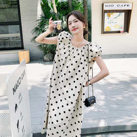 中长款圆领连衣裙2024夏季新款韩版修身显瘦泡泡袖波点气质连衣裙