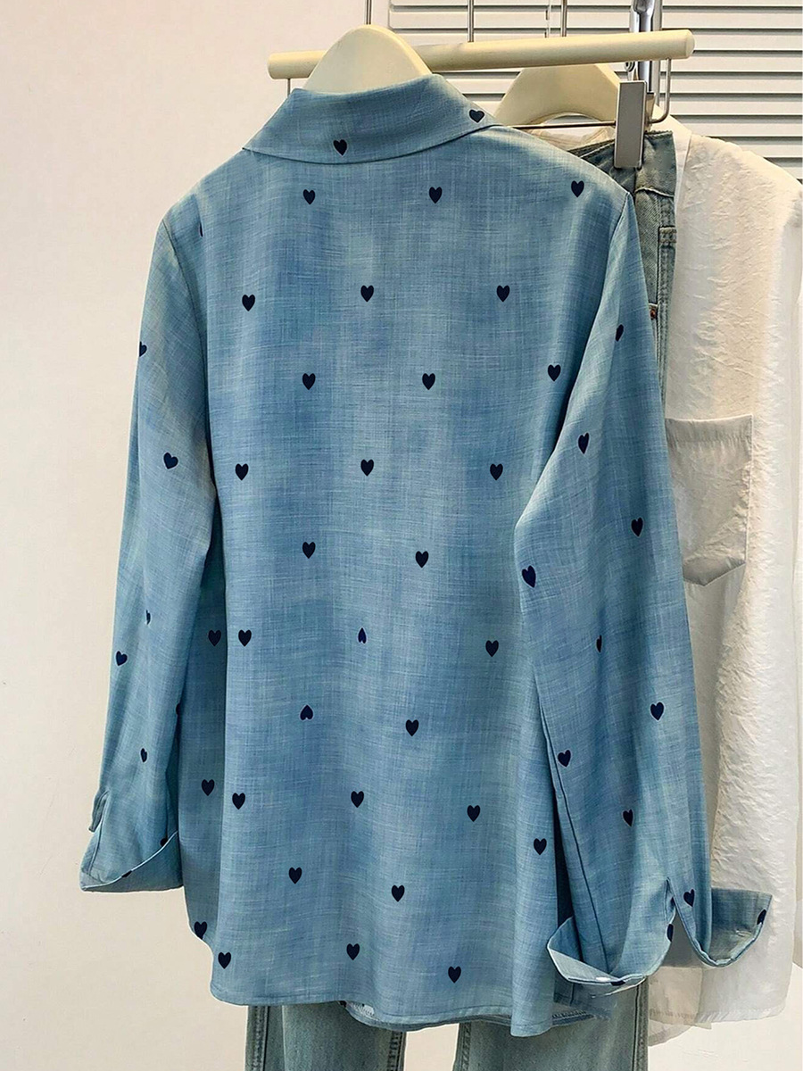 Elegant Long-sleeve Blouse With Polo Collar And Digital Print_voghion.com