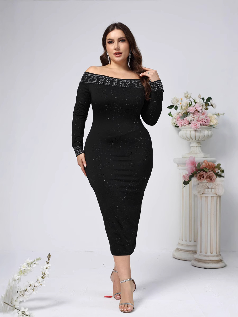Transfronterizos europeos y estadounidenses de mujer tamaño grande nuevo temperamento sexy de hombro de manga larga delgada taladro caliente vestido de cadera