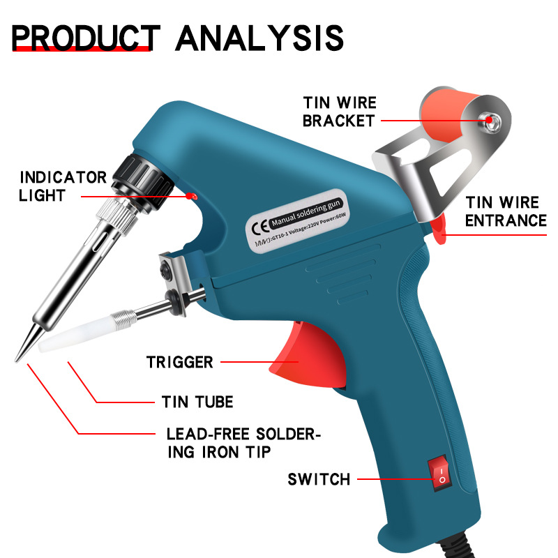 Pistola de soldadura térmica interna de 100W de mano cuidadosamente seleccionada transfronteriza, soldador eléctrico de mano de 110V de doble calibre de EE. UU. Y Europa entrega automática de estaño