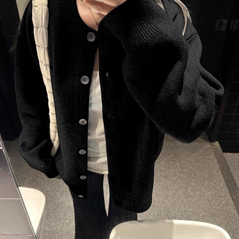 黑色针织开衫女秋季宽松慵懒风休闲感春秋外搭毛衣外套上衣冬|undefined