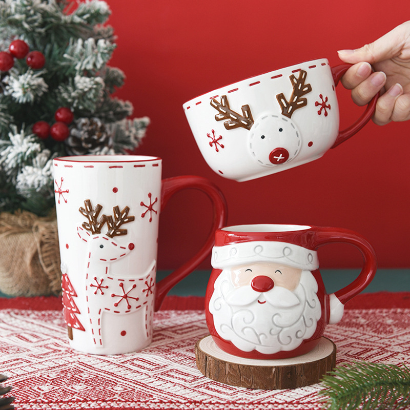 Tazas de cerámica de Papá Noel nórdico de oficina Tazas de agua de hogar Tazas de cubierta Tazas de desayuno en relieve Tazas de sopa