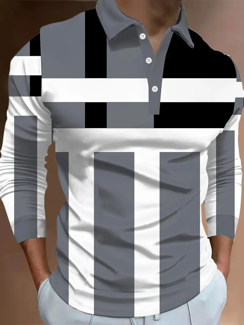 Color de contraste geométrico simple impresión 3D hombres primavera y otoño negocio suelto manga larga transpirable botón cuello POLO camisa en stock