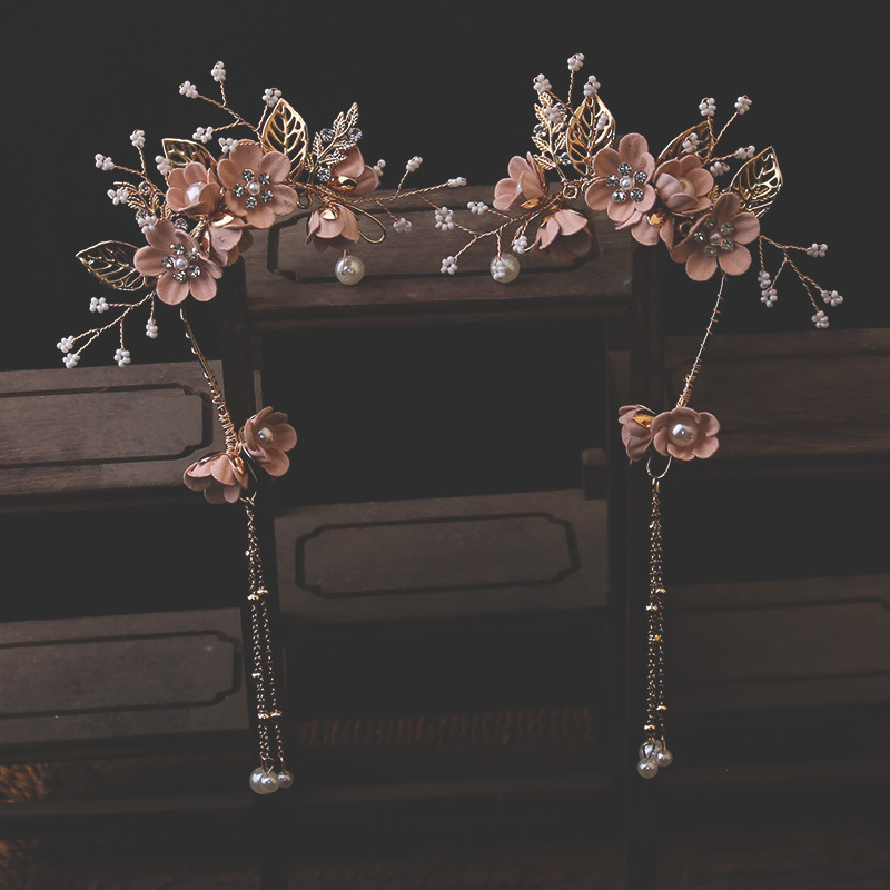 Bridal Headpiece with Pink and White Floral Earrings and Accessories Set, Colorful Floral Bridal Wedding Dinner Set Ear Hangings