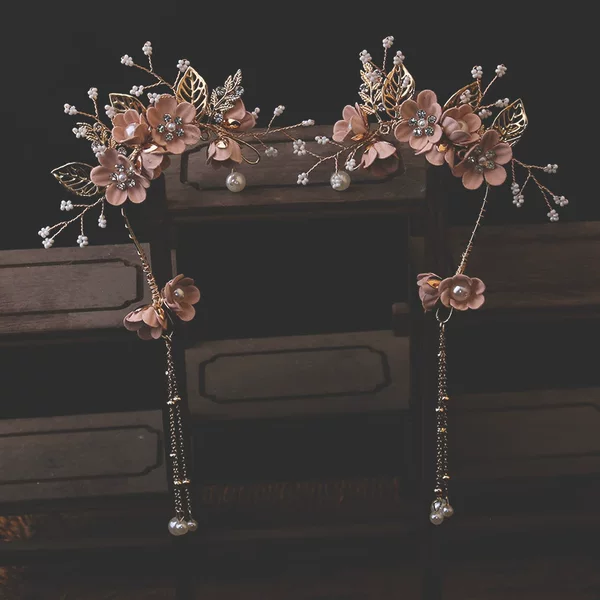 Bridal Headpiece with Pink and White Floral Earrings and Accessories Set, Colorful Floral Bridal Wedding Dinner Set Ear Hangings