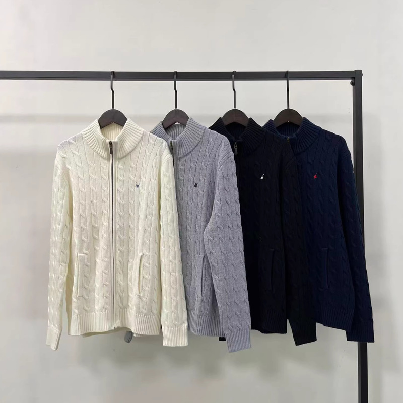 Raf Marnell's Same Style as William Chan, Pony Logo Twist Knit Sweater, Stand Collar, Full Zipper, Embroidered Sweater Jacket, Cardigan Top