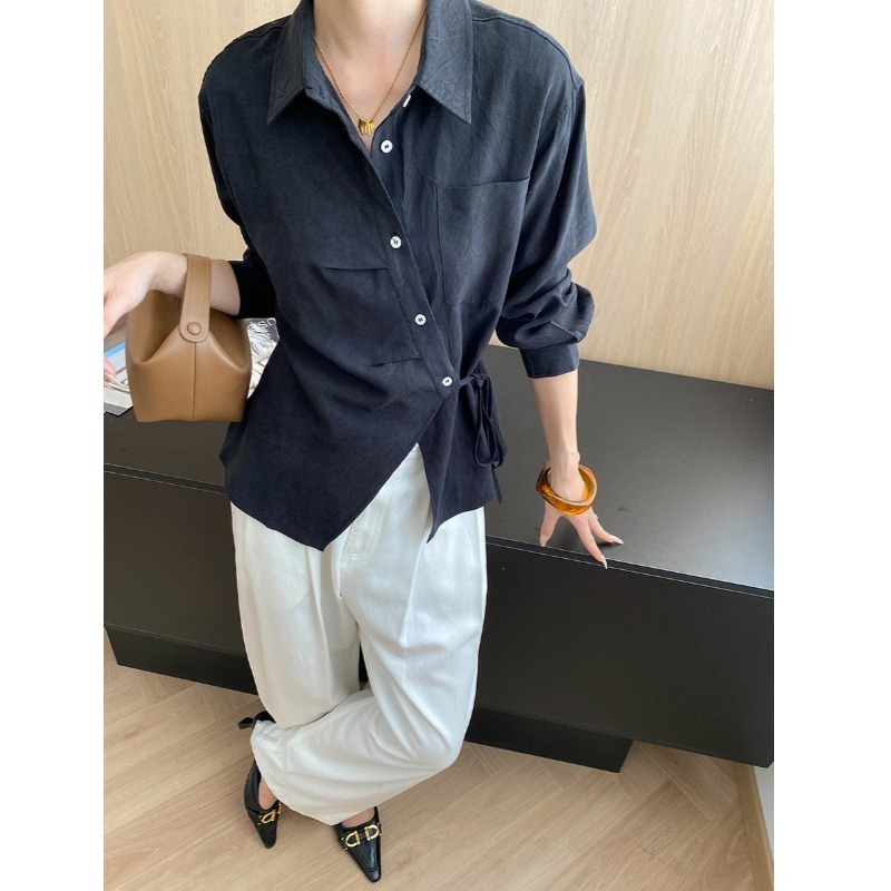 司南 智性通勤感 莱赛尔天丝不规则系带收腰显瘦长袖衬衫 SN8033|undefined