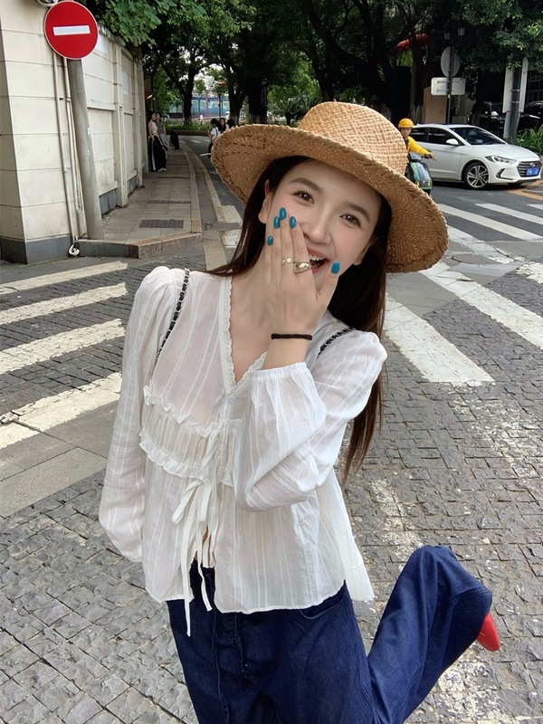 法式甜美防晒白色衬衫女秋季2025新款宽松显瘦休闲简约百搭上衣潮|undefined