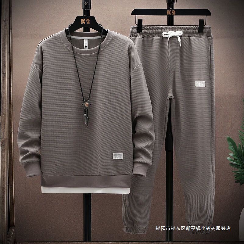 Waffle Casual Suit Handsome Matching Men's Spring & Fall New Long-Sleeved T-Shirt Nine-Point Pants Sports Men's Two-Piece Set Waffle Casual Suit Handsome Matching Men's Spring & Fall New Long-Sleeved T-Shirt Nine-Point Pants Sports Men's Two-Piece Set