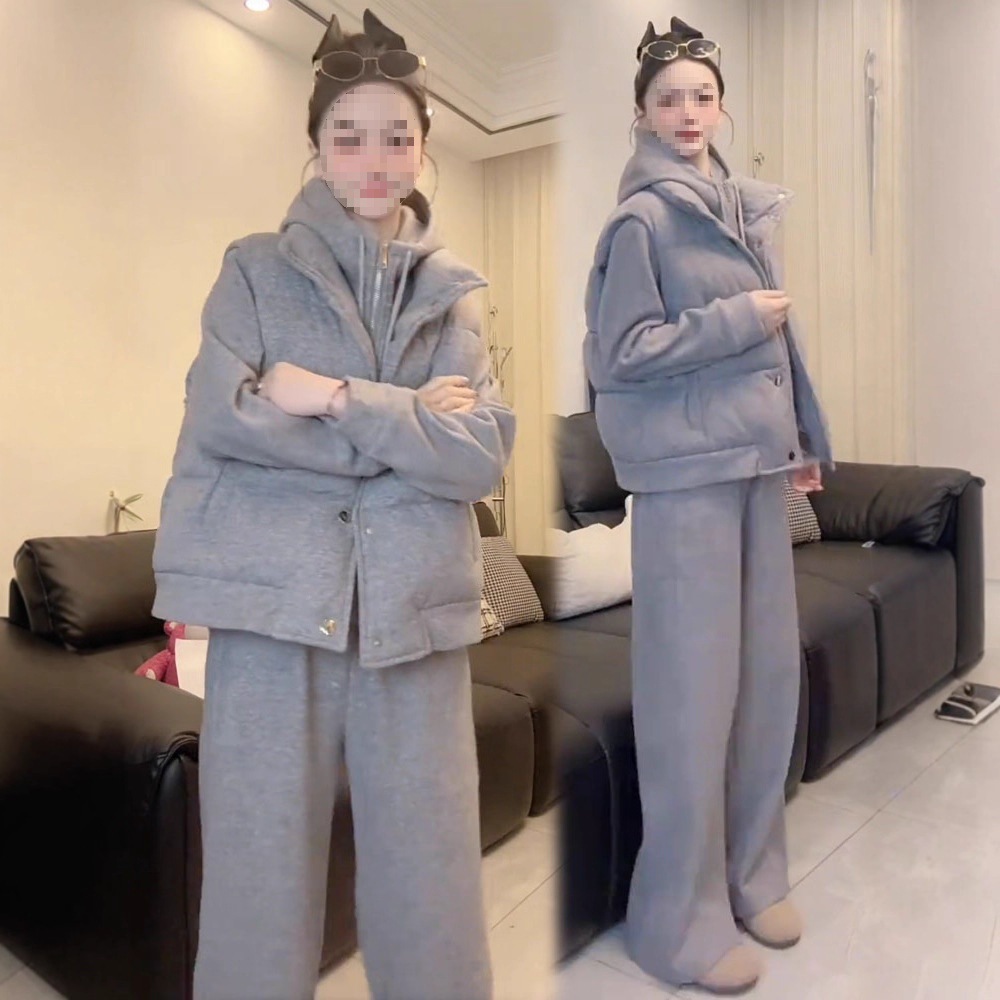时尚休闲套装女2025冬季新款洋气棉马甲加绒连帽卫衣阔腿裤三件套
