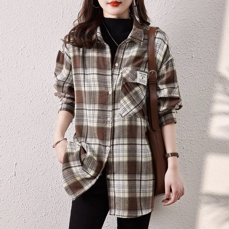 샌딩 플레이드 긴팔 셔츠 여성용 2022 가을 새 패션 한국 캐주얼 올 매치 플레이드 셔츠 아우터 로가