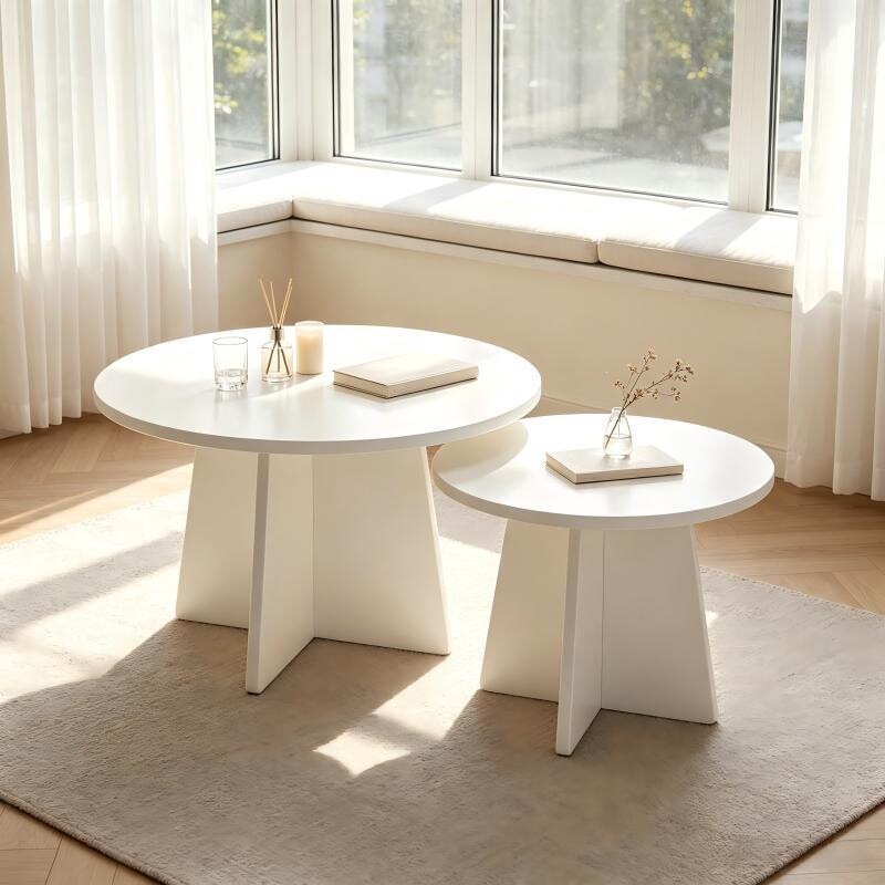 Japanese-style minimalist white nesting coffee table set for living room, round side table for homestay or rental apartment, small table for sofa side storage Japanese-style minimalist white nesting coffee table set for living room, round side table for homestay or rental apartment, small table for sofa side storage