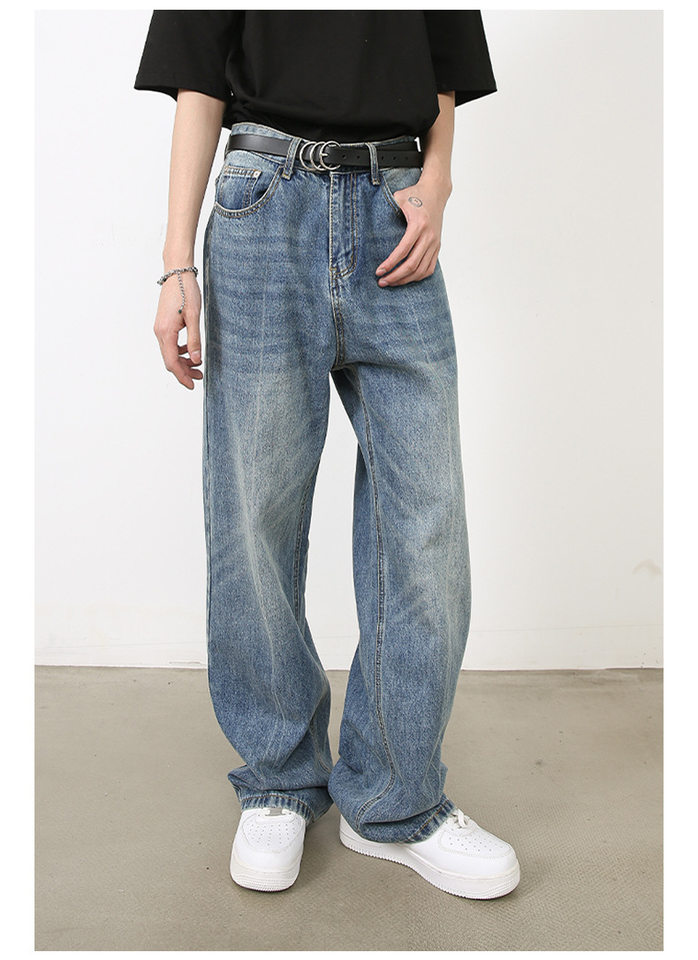 Quần jeans nam ống đứng dáng suông rộng, denim xử lý giặt retro phong cách Mỹ, quần dài mặc hằng ngày — Màu xanh lam chi tiết 7