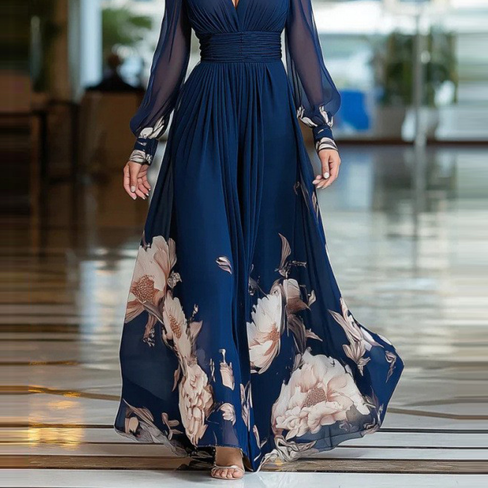 Robe longue printanière à empiècements en maille, coupe ajustée, style français, pour femme. Robe maxi imprimée polyvalente._voghion.com