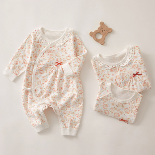 Baby clothes, newborn clothes, spring and autumn long-sleeved cotton, ordinary diagonal placket laces, universal pajamas, baby clothes