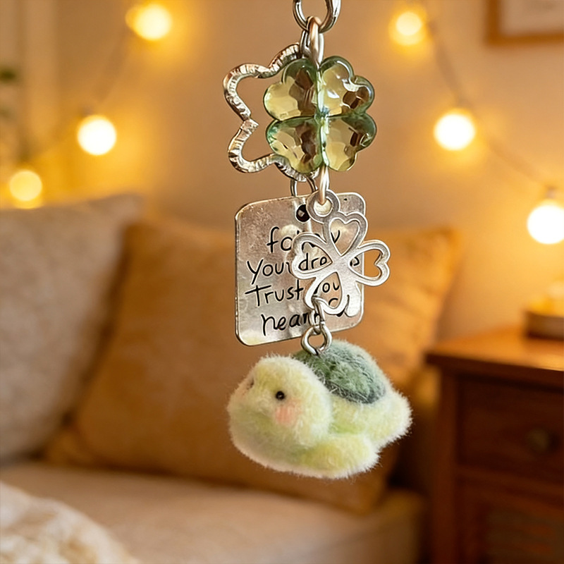 【Four-Leaf Clover Green Turtle】Original New Design Flocked Lucky Four-Leaf Clover Green Turtle Cute Phone Chain