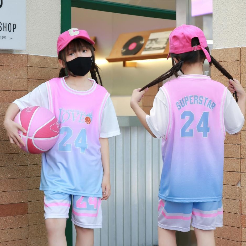 Girls Short-Sleeved Basketball Uniforms Summer Suits for Large Kidsren Fake Two-Piece Training Uniforms Girls Quick-Drying Sportswear Jerseys